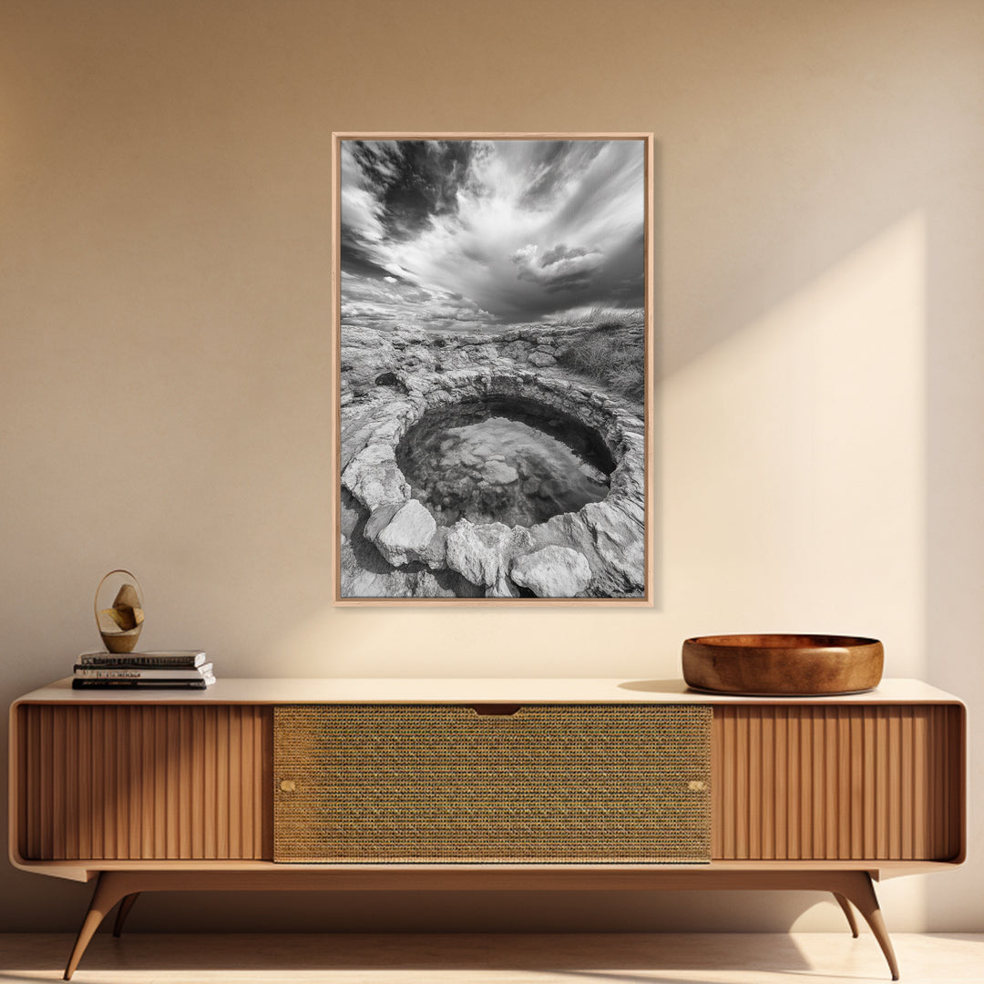 Natural Stone Pool, Sky Reflections, Framed Canvas Print, Bathroom Wall Art, Earthy Neutral Decor, Minimalist Landscape