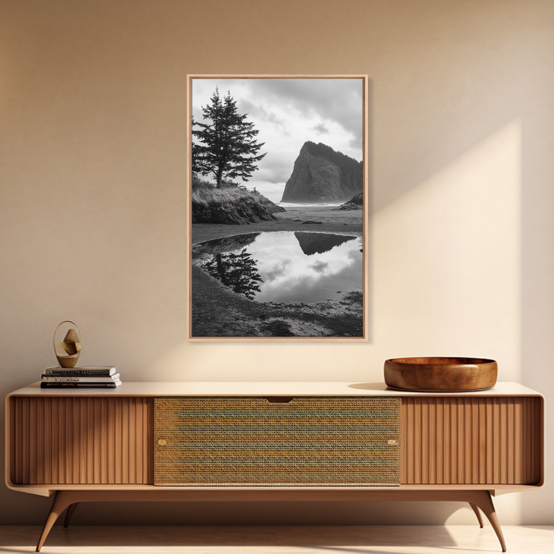 Coastal Rock Reflections, Nature Photography, Ocean Landscape, Framed Canvas Print, Moody Living Room Art, Minimal Decor