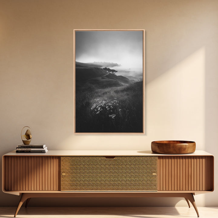 Rolling Mist Hills, Dreamy Countryside, Framed Canvas Print, Black and White Wall Art, Bedroom Calm Decor, Nature Landscape