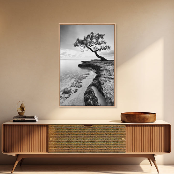 Coastal Tree Silhouette, Serene Nature Art, Ocean Wall Scene, Framed Canvas Print, Beach House Decor, Minimalist Design