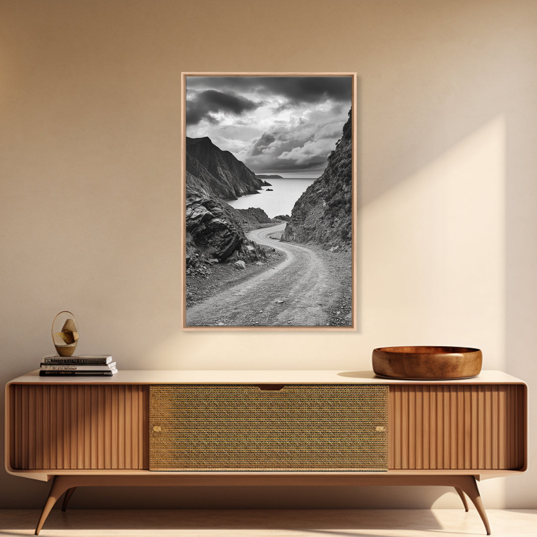 Coastal Road Curve, Rugged Cliff Path, Dramatic Seascape, Canvas Print, Office Wall Art, Monochrome Nature Art, Rustic Home Decor