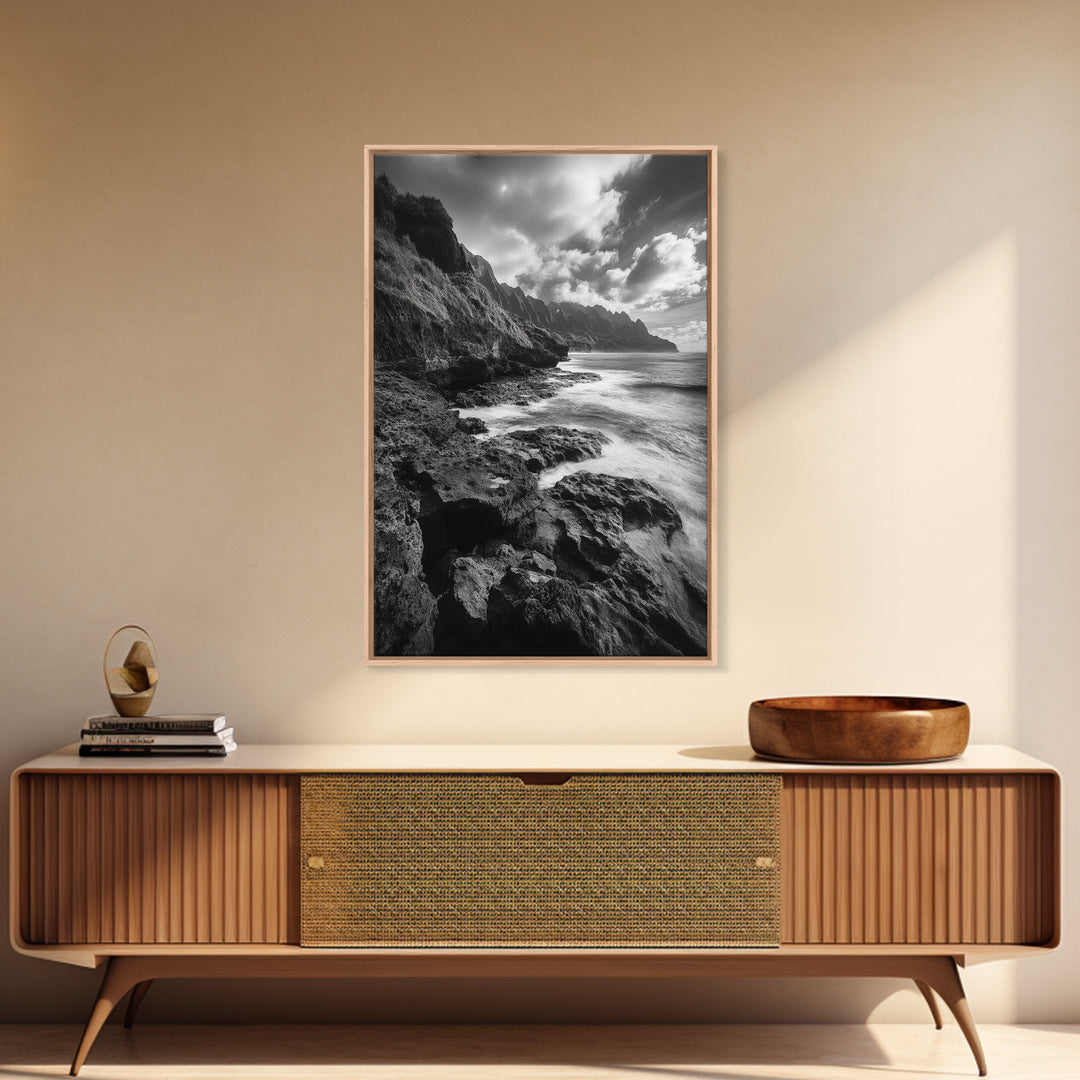 Coastal Cliffs, Ocean Horizon, Wild Waves, Framed Canvas Print, Bathroom Wall Art, Black and White Seascape, Coastal Decor, Moody Art