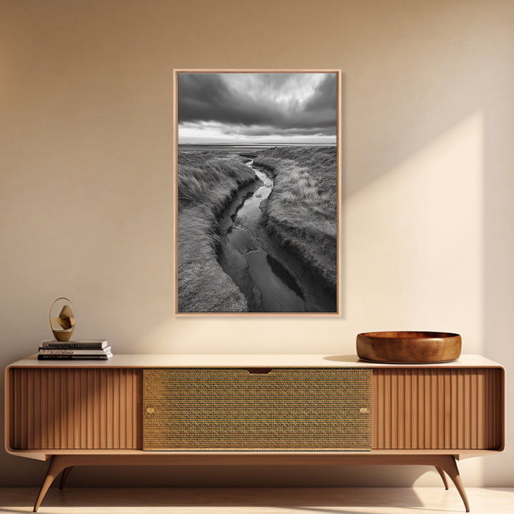 Winding Stream, Grassy Dunes, Ocean Horizon, Canvas Print, Kitchen Wall Art, Black and White Nature Scene, Coastal Rustic Decor