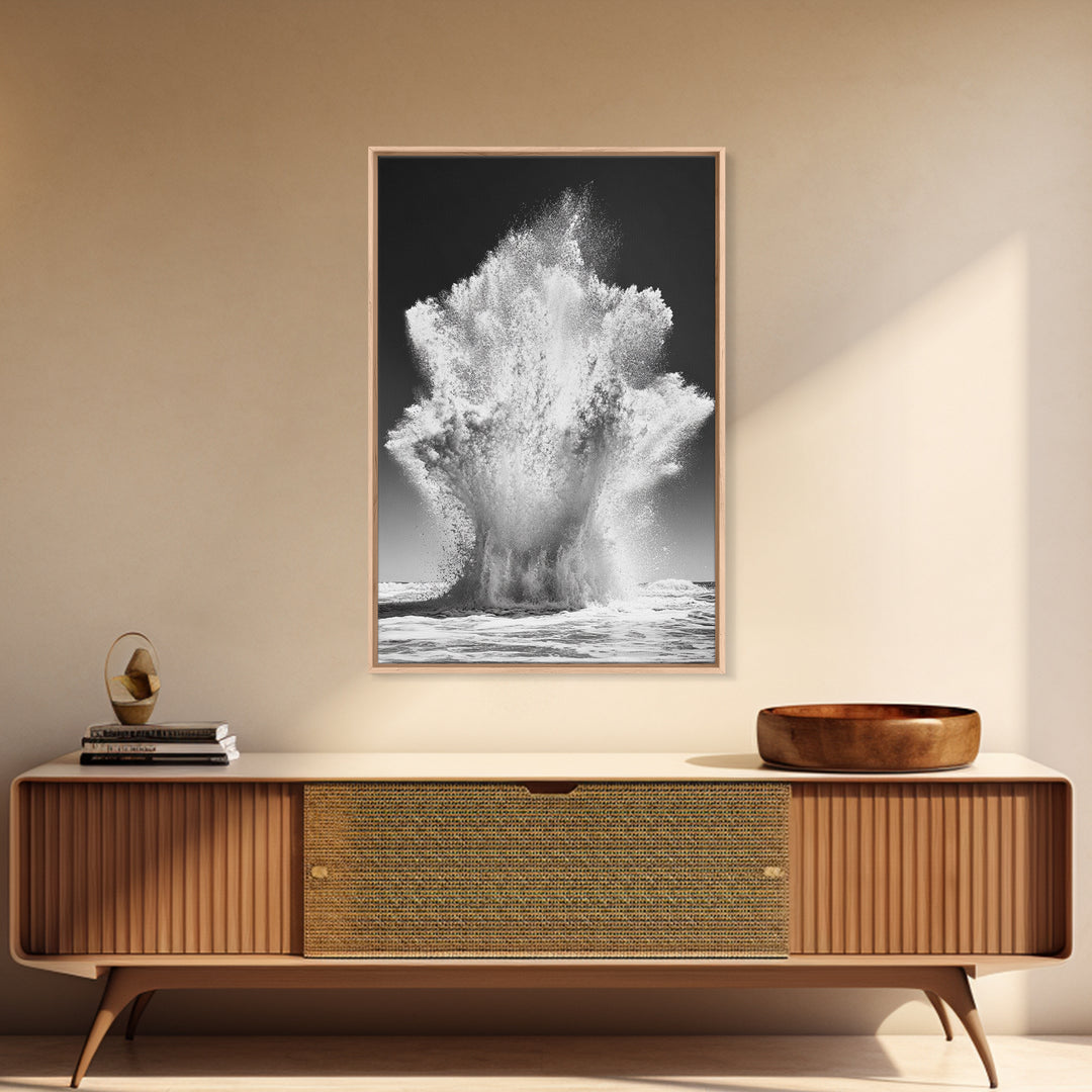 Ocean Splash, Water Explosion, Sea Power, Canvas Print, Bathroom Wall Art, Black and White Abstract Art, Coastal Modern Decor