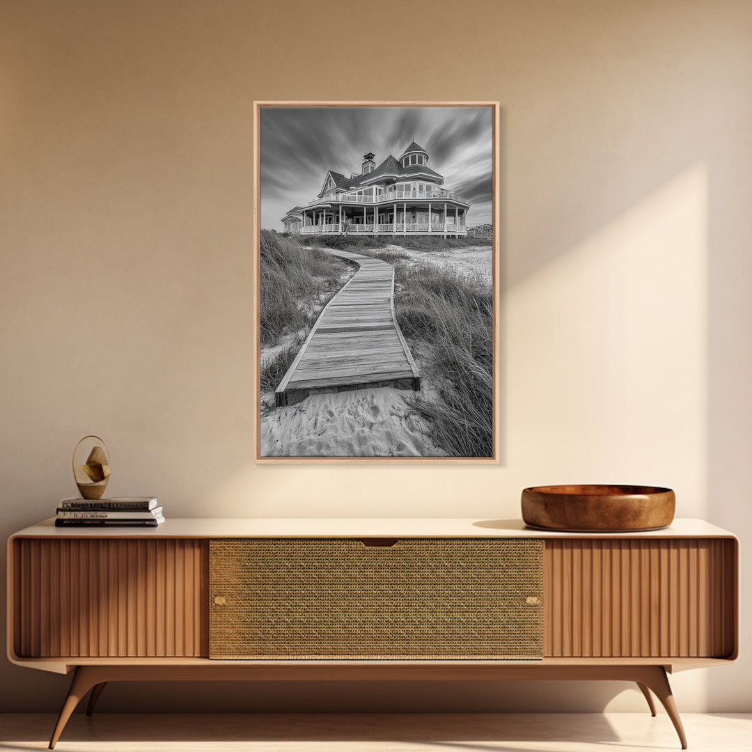 Beach House, Boardwalk Path, Coastal Architecture, Framed Canvas Print, Hallway Wall Art, Neutral Tones, Minimalist Coastal Style