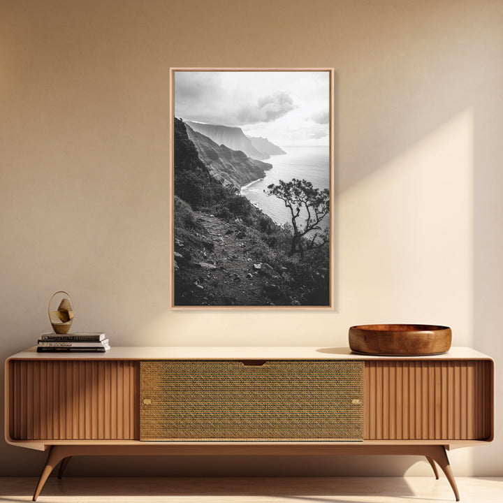 Coastal Cliff, Ocean Horizon, Hiking Trail, Framed Canvas Print, Nature Photography, Boho Wall Art, Living Room Decor, Minimalist Earth Tones