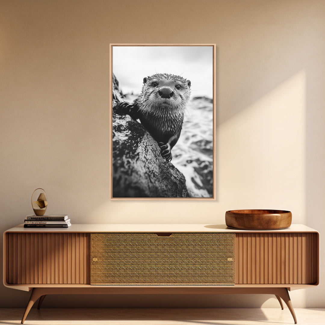 Curious Otter, Coastal Wildlife, Black and White, Animal Photography, Framed Canvas Print, Bathroom Wall Art, Nature Lover Gift