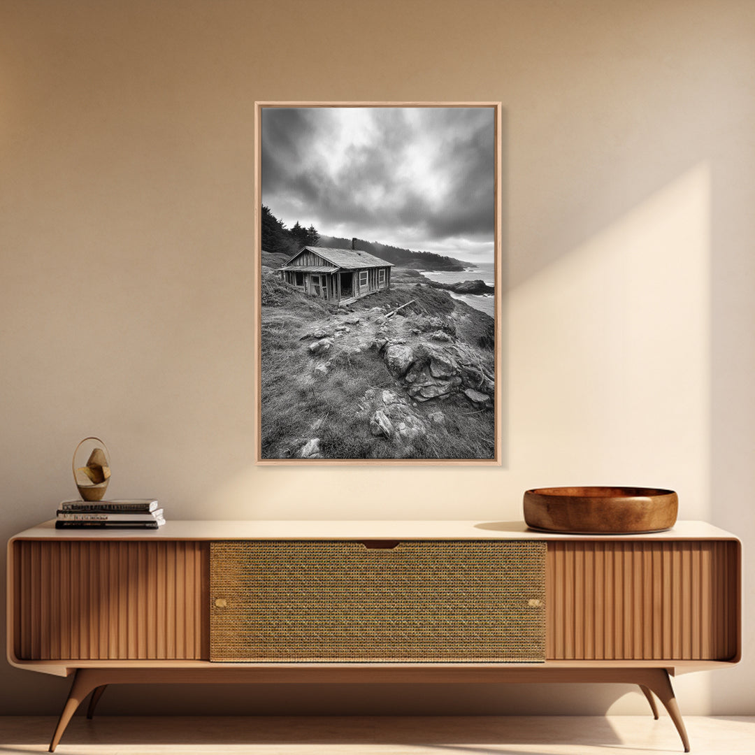 Abandoned Cabin, Coastal Cliff, Moody Landscape, Autumn Wall Art, Framed Canvas Print, Living Room Rustic Art, Farmhouse Aesthetic