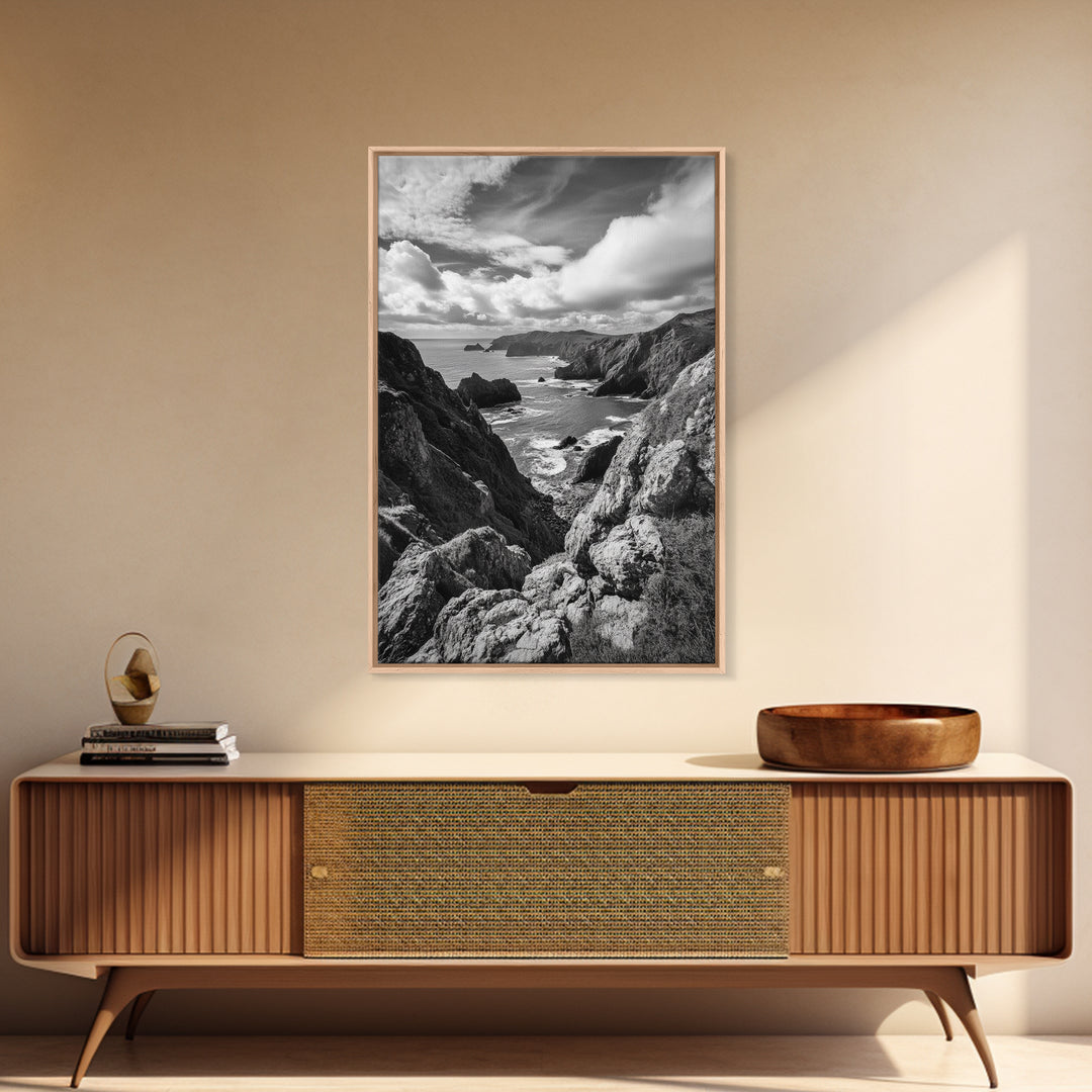 Rugged Cliffs, Ocean View, Coastal Escape, Framed Canvas Print, black and white coastal art, beach house wall decor, moody ocean print
