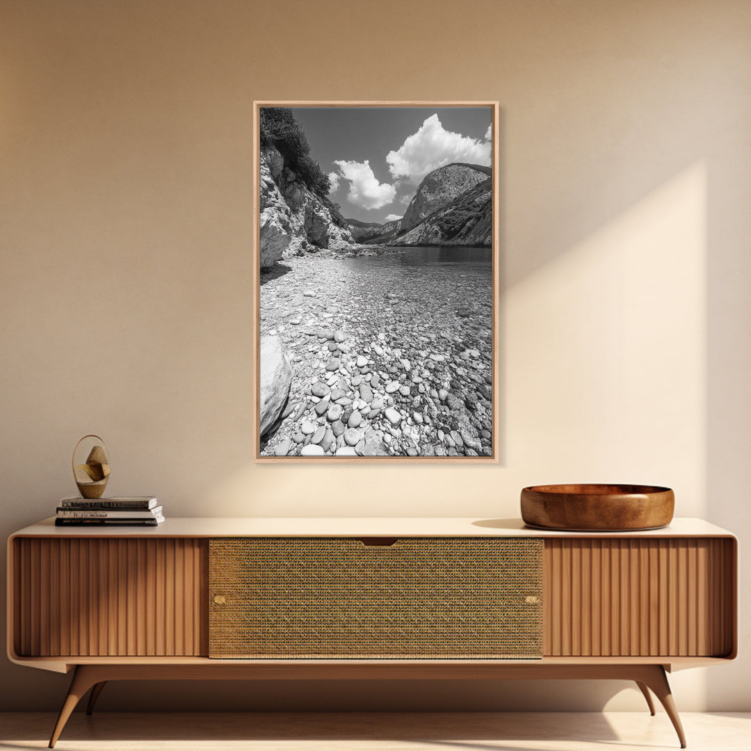 Rocky Beach, Crystal Water, Mountain Backdrop, Framed Canvas Print, tranquil lake art, minimalist decor, natural wall art