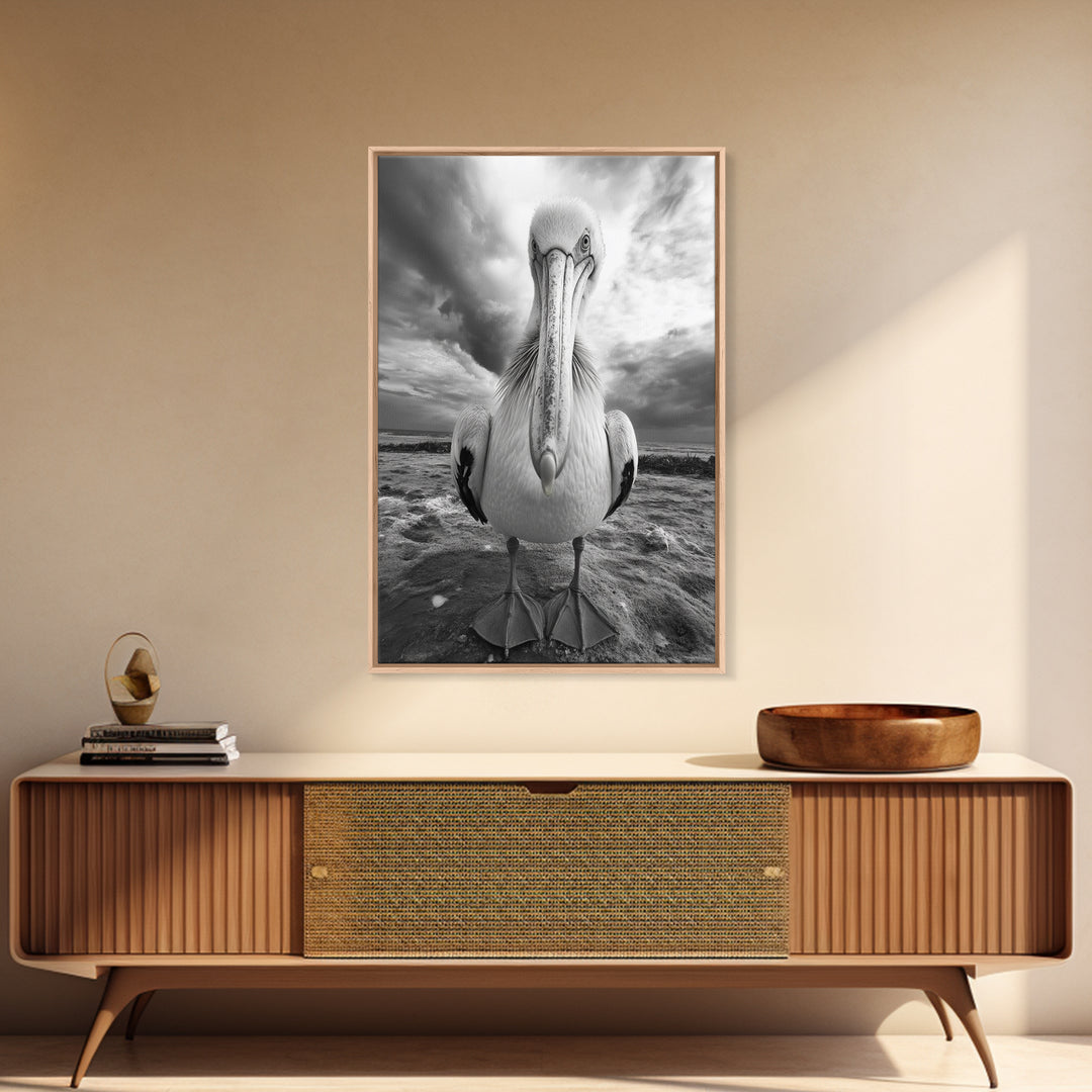 Bold Pelican, Coastal Storm, Bird Portrait, Canvas Print, wildlife wall art, beach house decor, dramatic black and white animal art