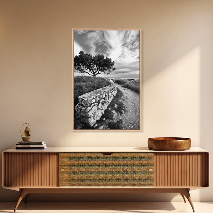 Coastal Path, Nature Trail, Windswept Tree, Framed Canvas Print, Rustic Landscape Art, Minimalist Decor, Bedroom Wall Art, Fall Vibes