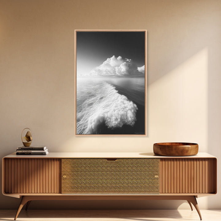 Ocean Wake, Cloud Horizon, Surreal Seascape, Framed Canvas Print, Dreamy Black White Wall Art, Bathroom Decor, Coastal Fantasy Art