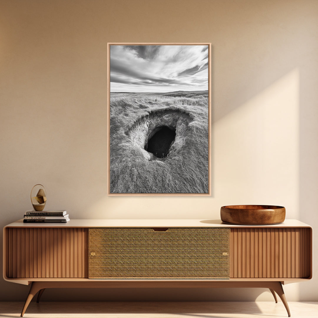 Burrow Entrance, Hidden Hole, Grassland Tunnel, Canvas Print, Nature Wall Art, Living Room Decor, Black White Landscape Photography