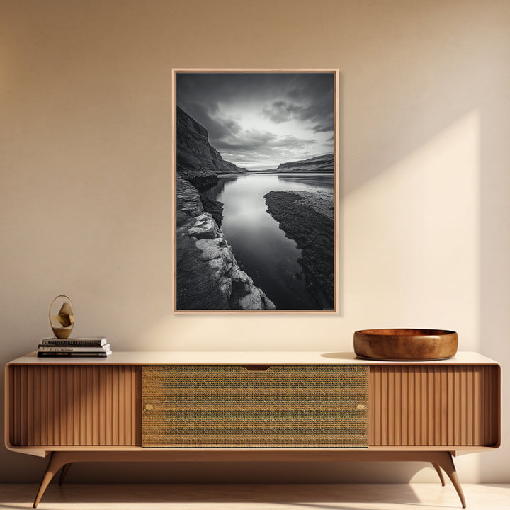 River Gorge, Twilight Reflections, Cliffside Calm, Canvas Print, Moody Black White Wall Art, Bedroom or Office Decor, Dramatic Landscape