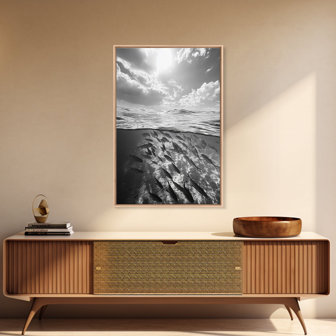 Underwater Scene, School of Fish, Ocean Photography, Split Shot Water, Framed Canvas Print, Bathroom Wall Art, Coastal Decor
