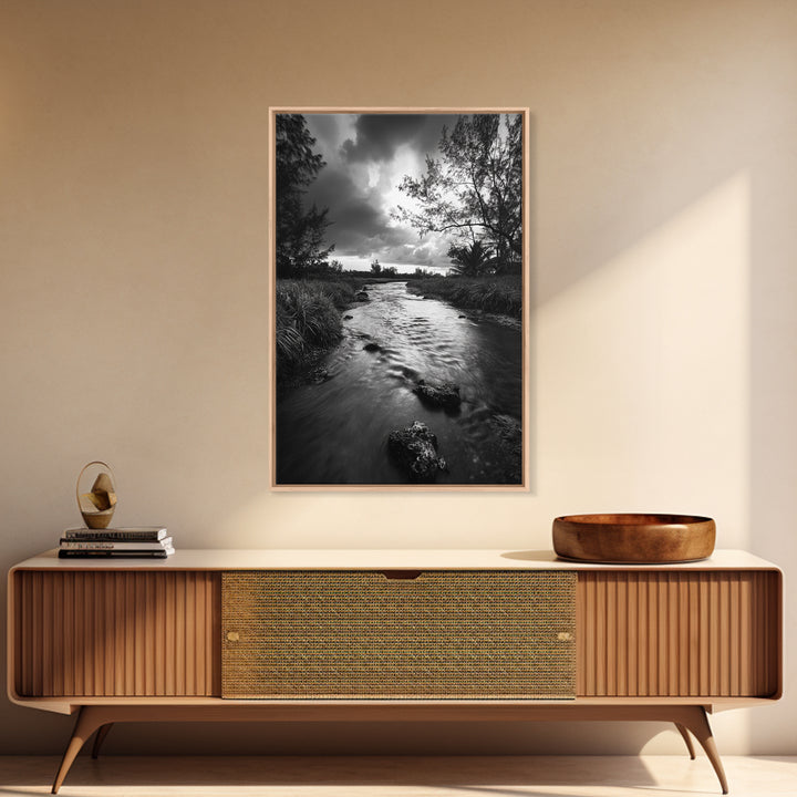 River Flow, Storm Clouds, Nature Trees, Monochrome Scene, Framed Canvas Print, Bathroom Wall Art, Moody Landscape, Rustic Home Decor