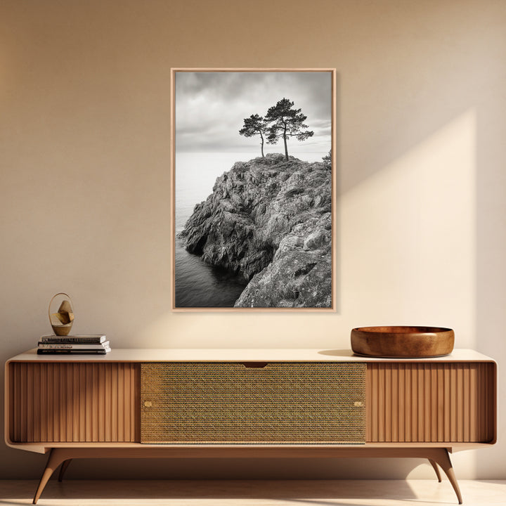 Rocky Coast, Lone Trees, Ocean View, Monochrome Calm, Framed Canvas Print, Bathroom Wall Art, Coastal Style, Minimalist Mountain Art