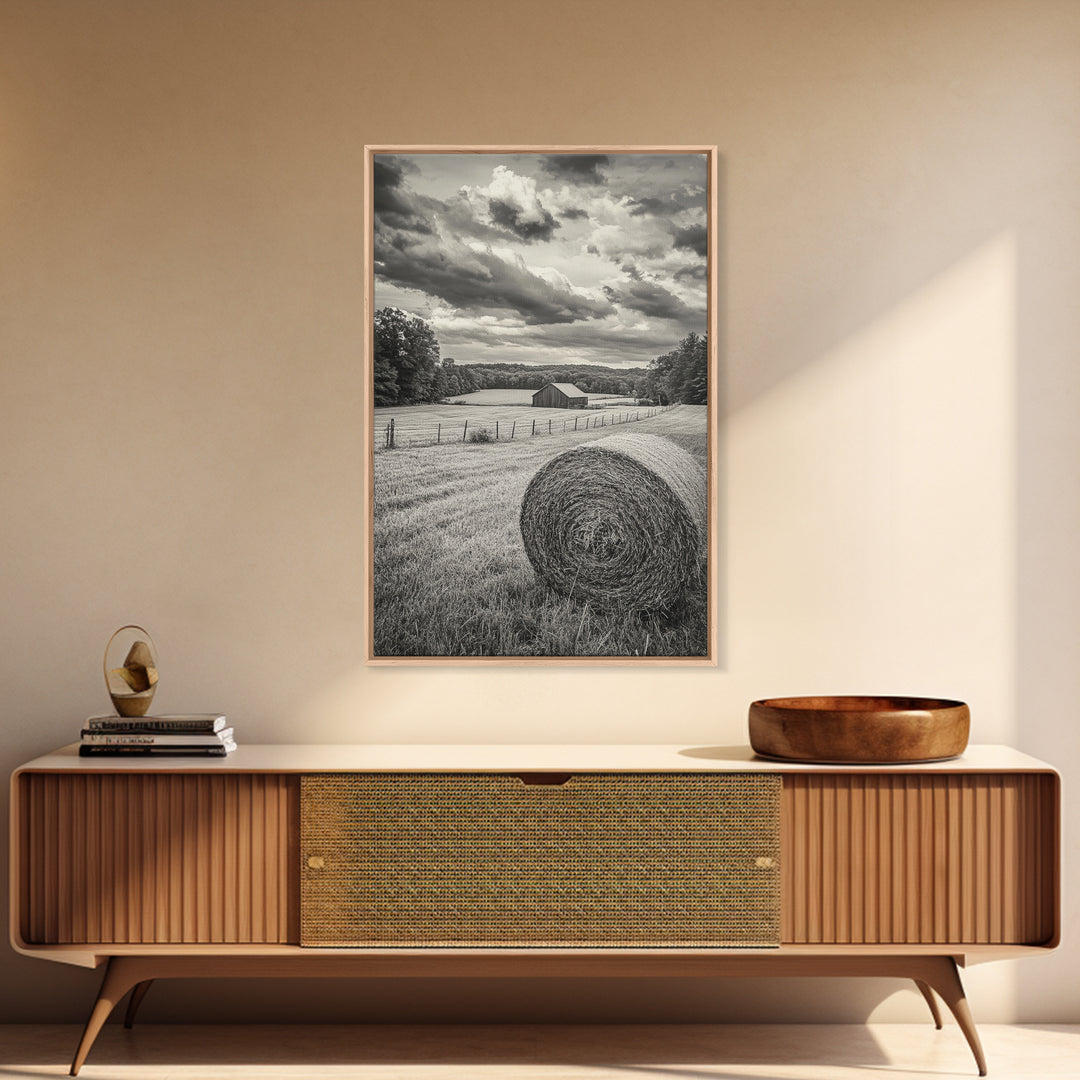 Autumn Hay Bale, Farm Field Scene, Country Landscape, Black and White Canvas Print, Rustic Kitchen or Fall Living Room Wall Art