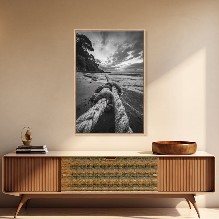 Beach Rope Knot, Coastal Connection, Ocean Shoreline, Nautical Canvas Print, Black and White Bathroom or Seaside Wall Decor