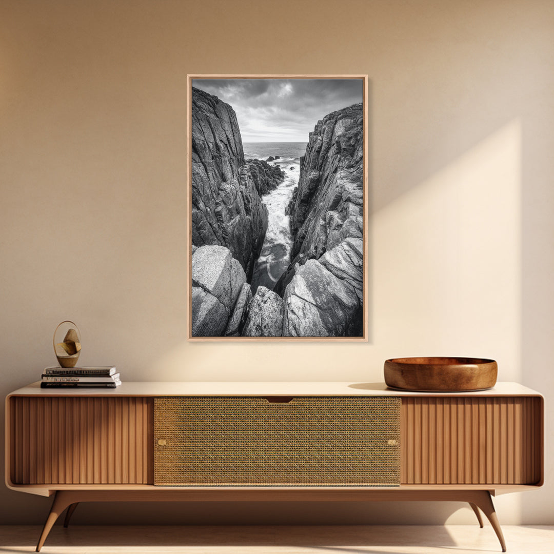 Ocean Cliff Pass, Rugged Coastal Rocks, Nature Power, Monochrome Framed Canvas Print, Moody Bathroom or Masculine Office Art