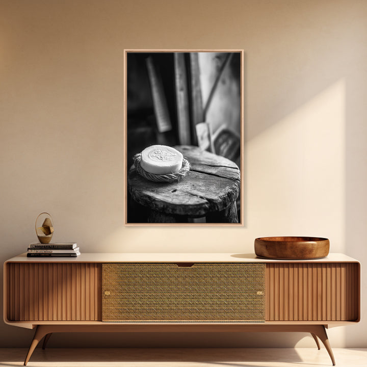 Artisan Soap Still Life, Rustic Wellness Scene, Country Bathroom, Monochrome Framed Canvas Print, Farmhouse Bathroom Wall Art