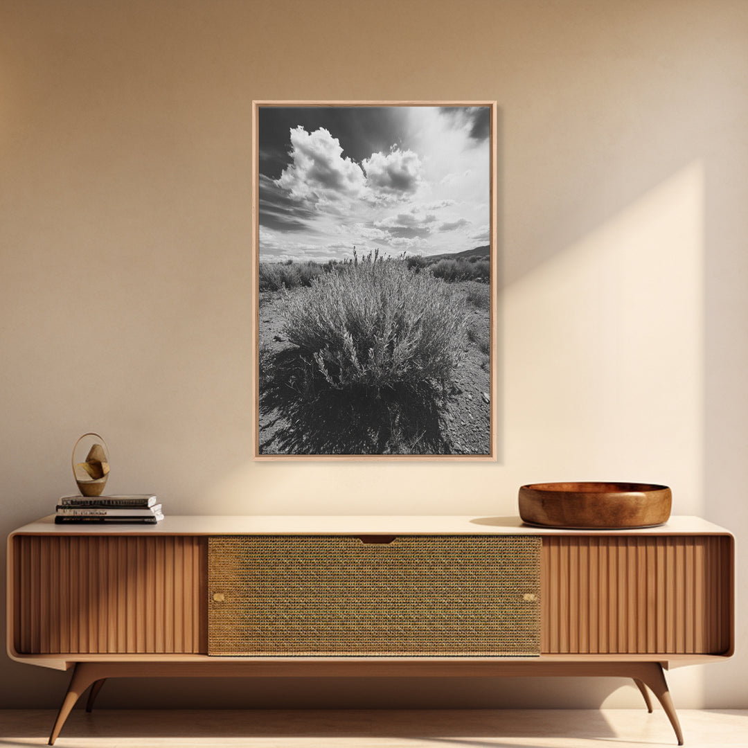 Desert Sage, Cloud Sky, Nature Wall Decor, Framed Canvas Print, Minimalist Art, Boho Style, Neutral Tones, Entryway Botanical Print