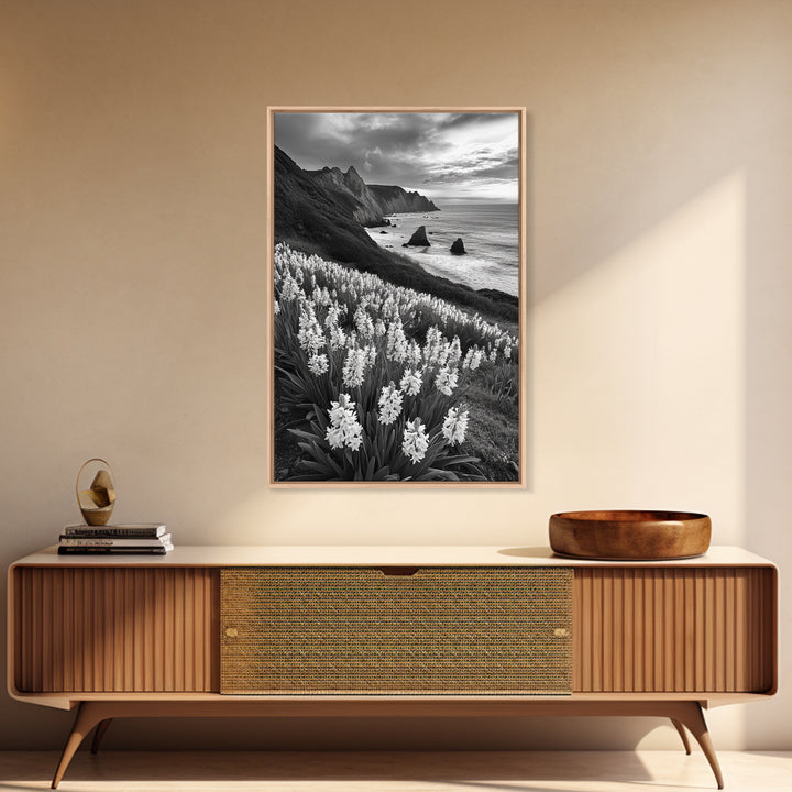 Coastal Blooms, Ocean Cliffs, Seaside Flowers, Canvas Print, Nature Photography, Living Room Art, Modern Coastal Wall Decor, Spring Vibes