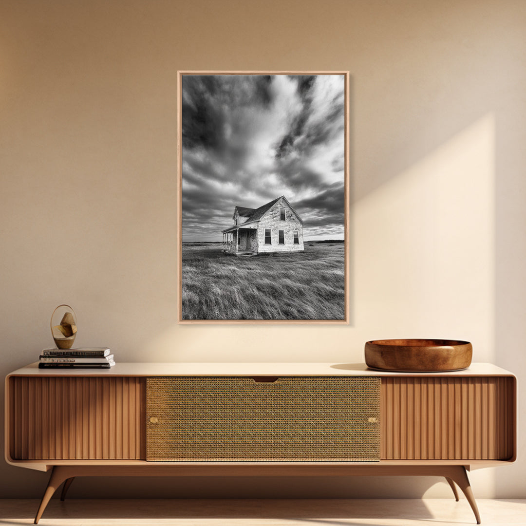Abandoned House, Windy Prairie, Haunted Landscape, Framed Canvas Print, Fall Wall Art, Rural Home Decor, Moody Halloween Style