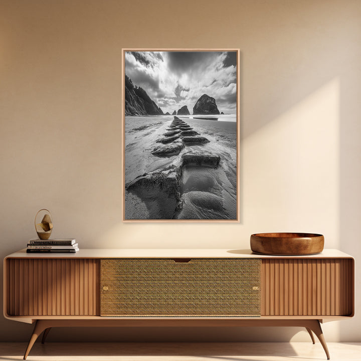 Ocean Rocks, Beach Landscape, Cloudy Sky, Rugged Coast, Canvas Print, coastal adventure wall art, living room decor, nature lover gift