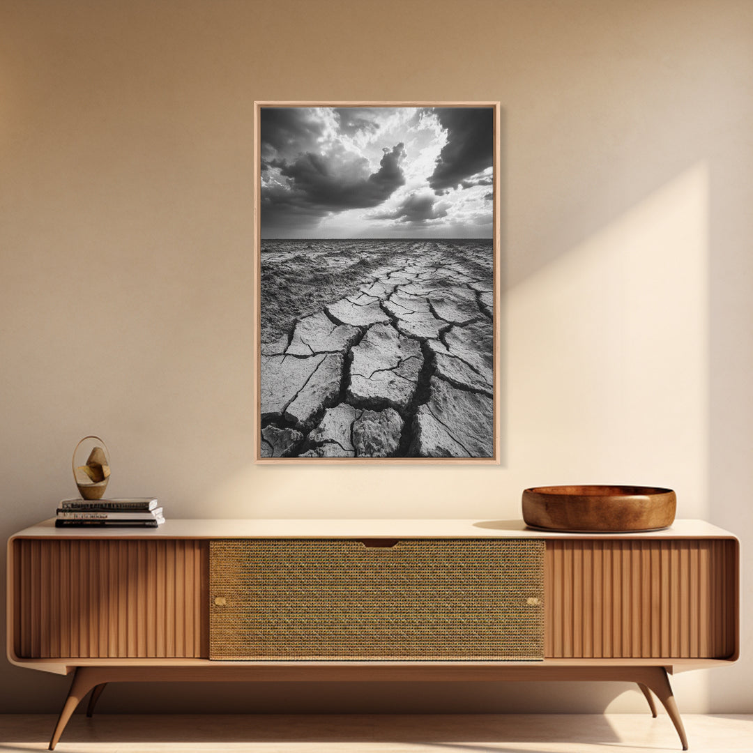 Cracked Earth, Drought Desert, Apocalyptic Sky, Dry Landscape, Canvas Print, minimalist wall decor, modern earth tones, office statement piece