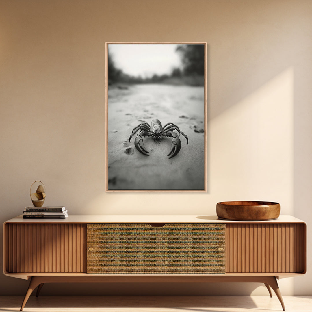 Desert Scorpion, Moody Wildlife, Sandy Ground, Focused Predator, Framed Canvas Print, edgy boho decor, masculine wall art, nature closeup