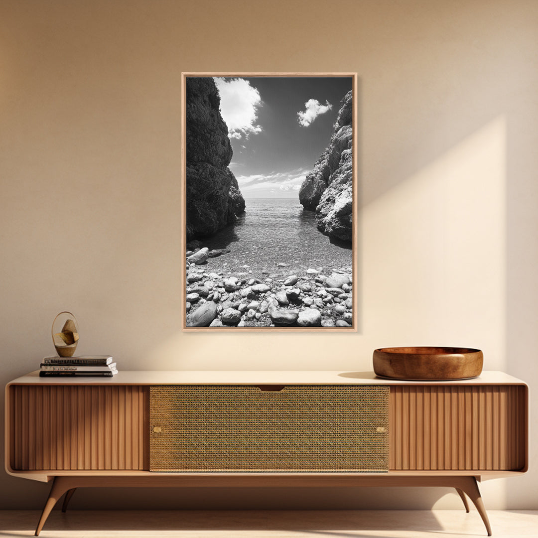 Rocky Cove, Serene Sea, Coastal Escape, Crystal Water, Canvas Print, bathroom ocean art, coastal minimalist decor, tranquil seascape gift