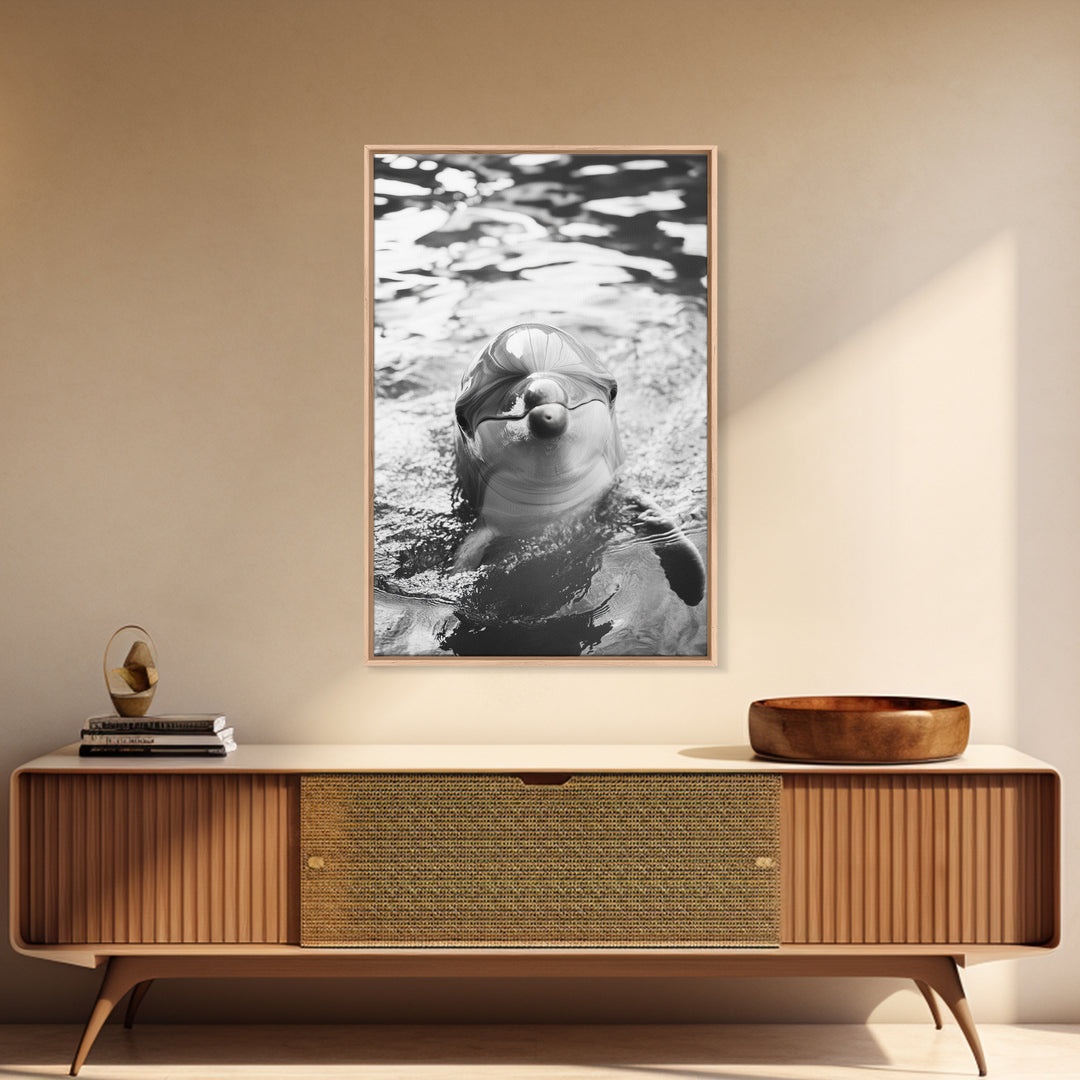 Dolphin Smile, Ocean Friend, Water Reflections, Gentle Waves, Framed Canvas Print, Kids Bathroom Art, Marine Life Decor, Playroom Artwork