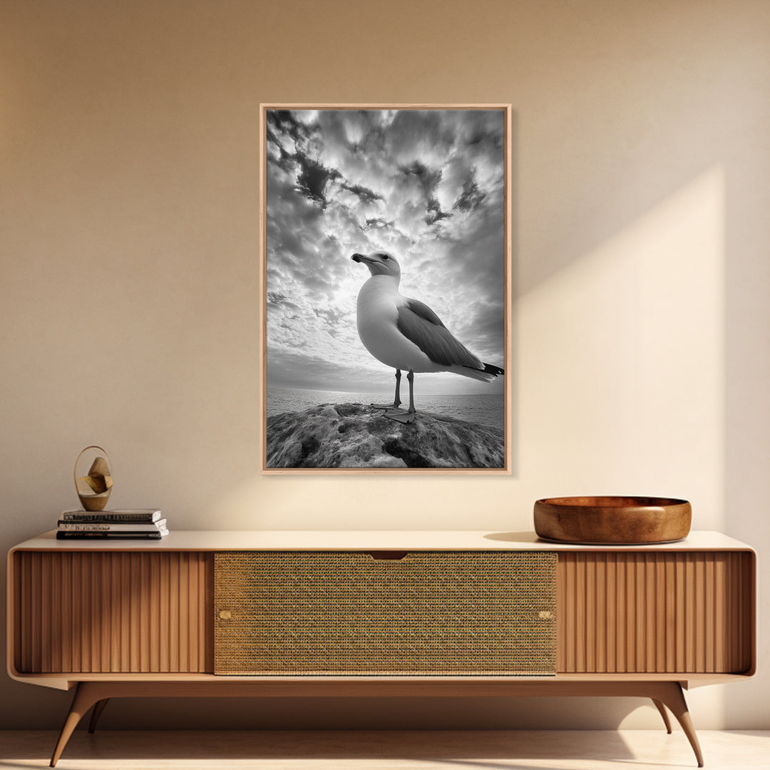 Coastal Seagull, Ocean Breeze, Serene Sky, Seaside Moment Framed Canvas Print, coastal decor, nautical bathroom wall art, nature photography