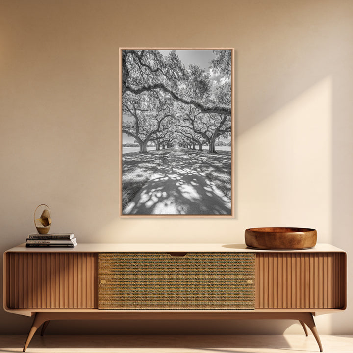 Oak Tree Tunnel, Southern Charm, Shaded Pathway, Timeless Trees Framed Canvas Print, farmhouse wall decor, hallway landscape art