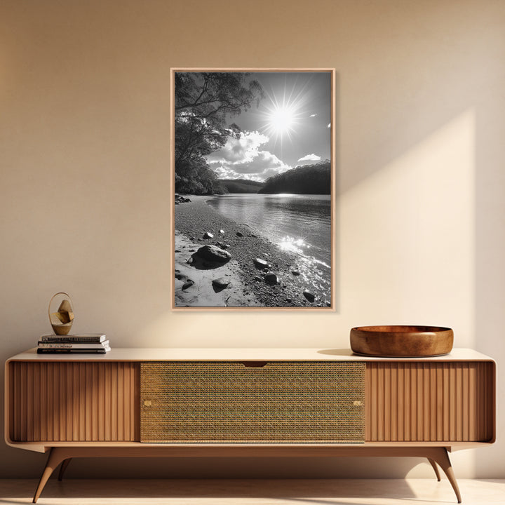 Ocean Shoreline, Serene Landscape, Coastal Photography, Canvas Print, Modern Nature Decor, Living Room Wall Art, Black and White Art