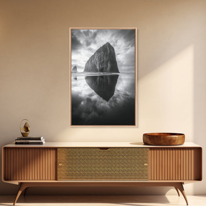 Coastal Rock, Haystack Reflection, Tranquil Beach Scene, Framed Canvas Print, Minimalist Art, Bathroom or Entryway Wall Art