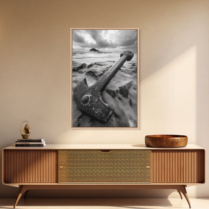 Ocean anchor scene, nautical coastal vibes, shipwreck inspiration, stormy sky, Framed Canvas Print, entryway art, maritime wall decor