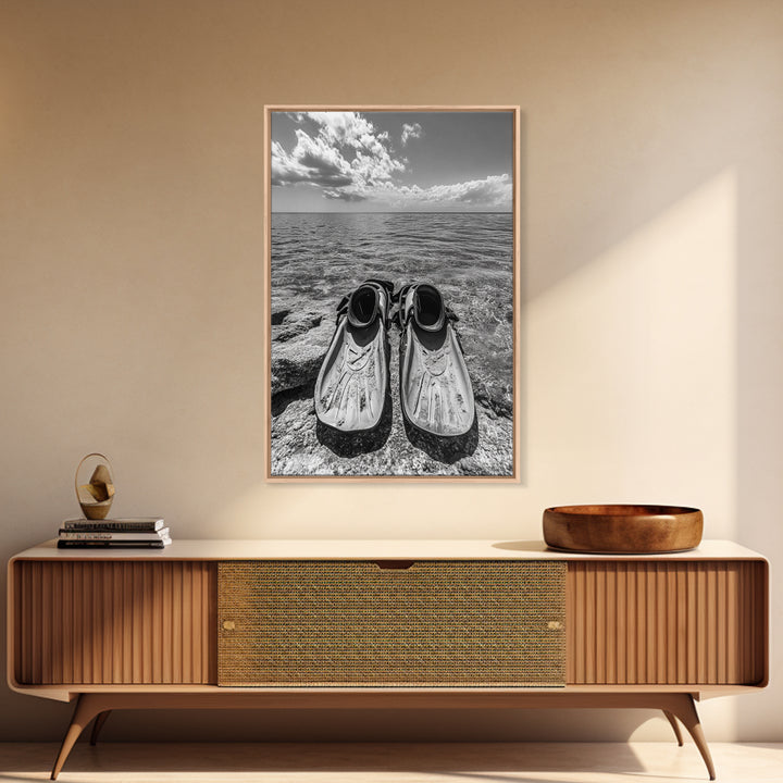 Ocean Fins, Coastal Escape, Underwater Adventure, Canvas Print, Beach Bathroom Wall Art, Nautical Photography, Black and White Decor