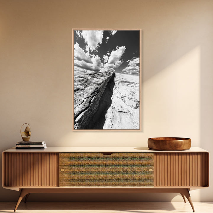 Desert Crack, Dramatic Sky, Harsh Terrain, Framed Canvas Print, Abstract Nature Photography, Rustic Office or Study Wall Art