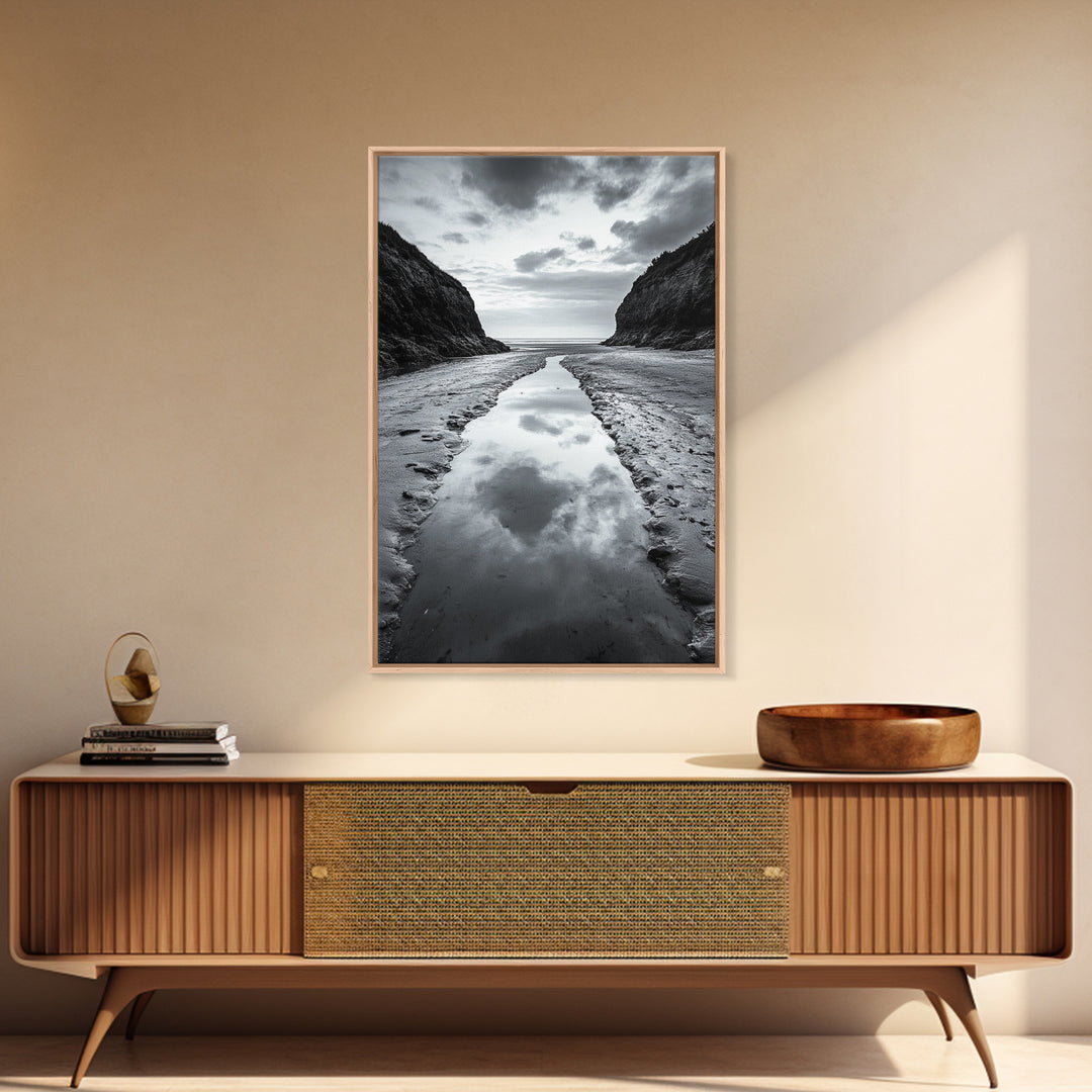 Ocean Reflection, Seaside Path, Moody Coastline, Canvas Print, Black and White Nature Photography, Modern Living Room Wall Art