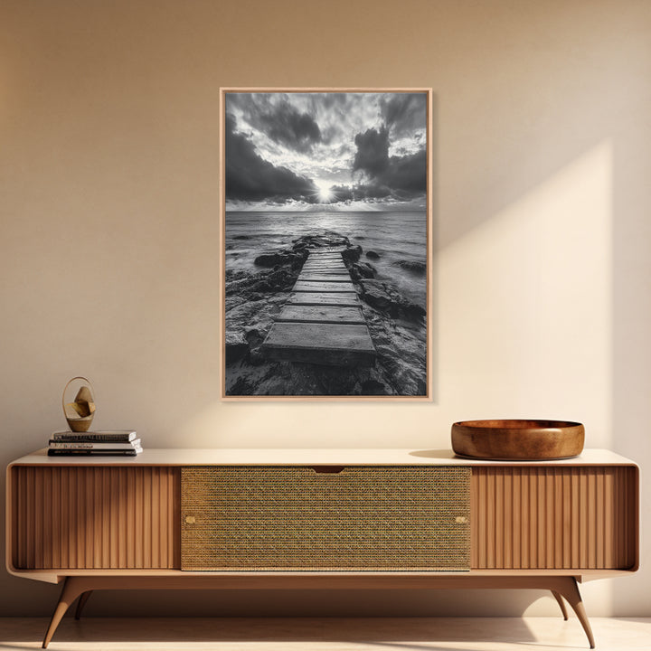 Ocean Pier Sunset, Dramatic Clouds, Seascape Pathway, Canvas Print, Coastal Living Room Art, Tranquil Decor, Minimalist Style