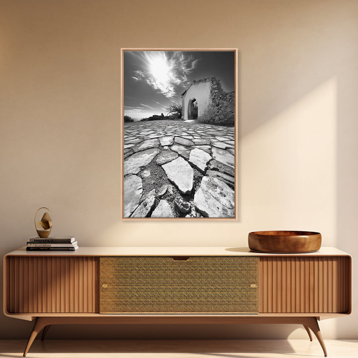 Desert Archway, Stone Ruins, Sunny Sky, Canvas Print, Rustic Travel Wall Art, Mediterranean Decor, Minimalist Earthy Aesthetic