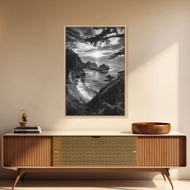 Cliffside Ocean View, Sunset Horizon, Trees Framing Sky, Canvas Print, Coastal Landscape Art, Cabin Living Room Decor, Moody Style