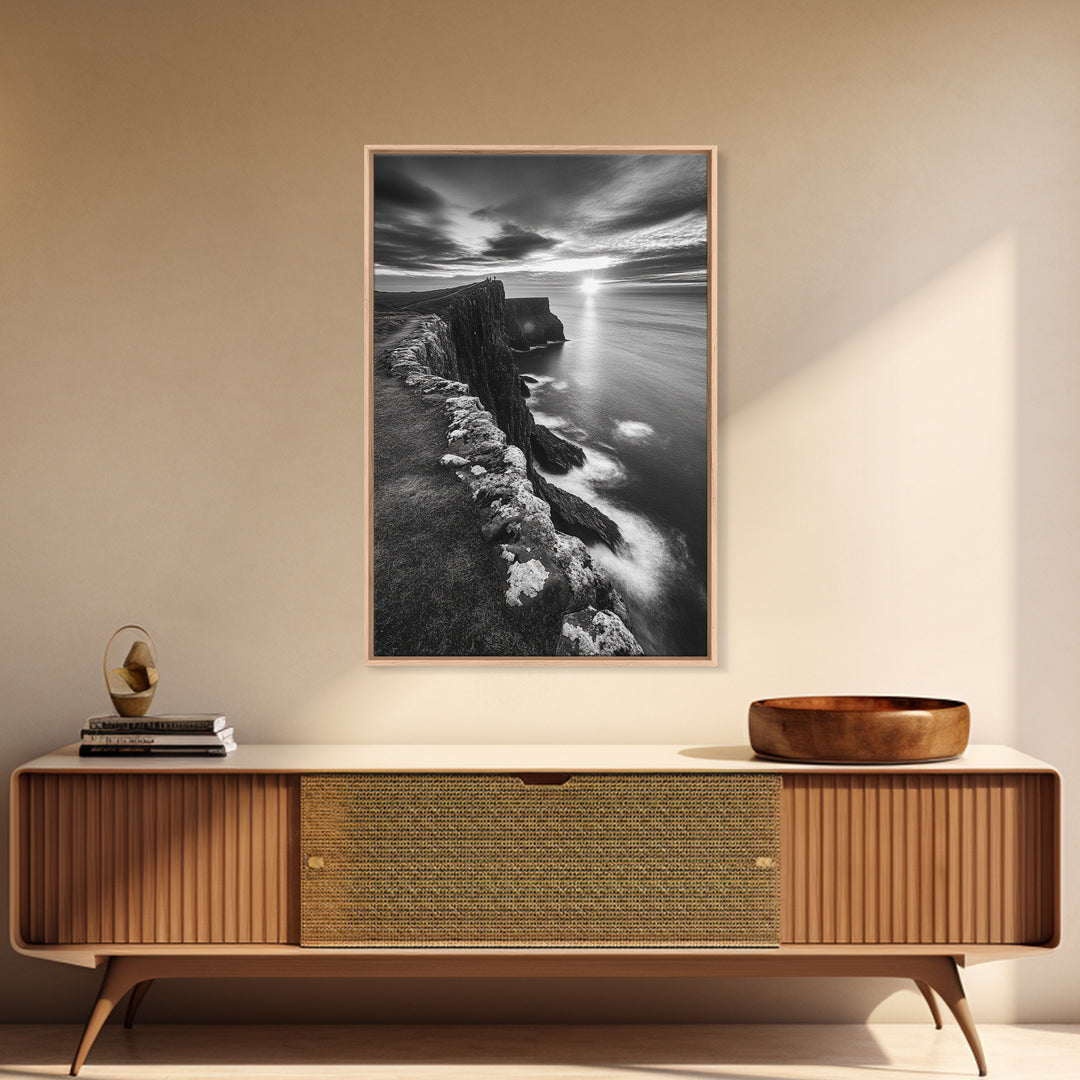 Rugged Sea Cliffs, Sunset Horizon, Serene Waters, Framed Canvas Print, Modern Nature Wall Art, Office Decor, Coastal Aesthetic