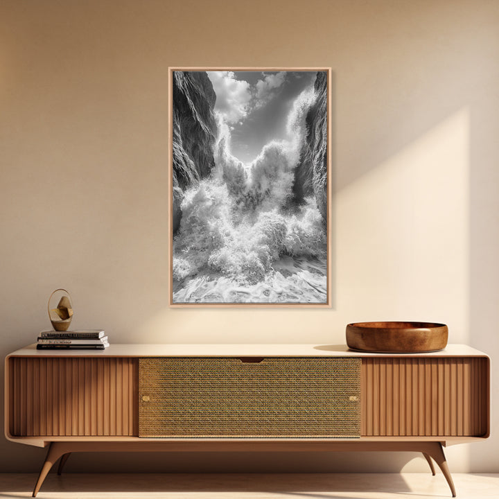 Ocean Splash, Cliff Waves, Nature Power, Dramatic Seascape, Framed Canvas Print, Living Room Statement, Black and White Wall Art