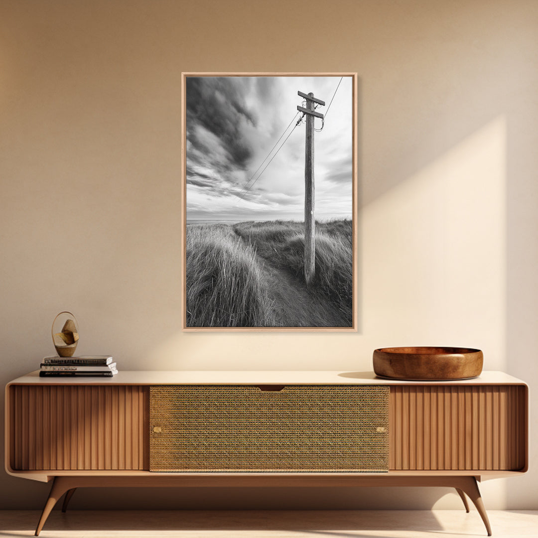 Coastal Path, Telephone Pole, Cloudy Sky, Minimal Nature Scene, Canvas Print, Entryway Wall Art, Rustic Landscape Photography Decor