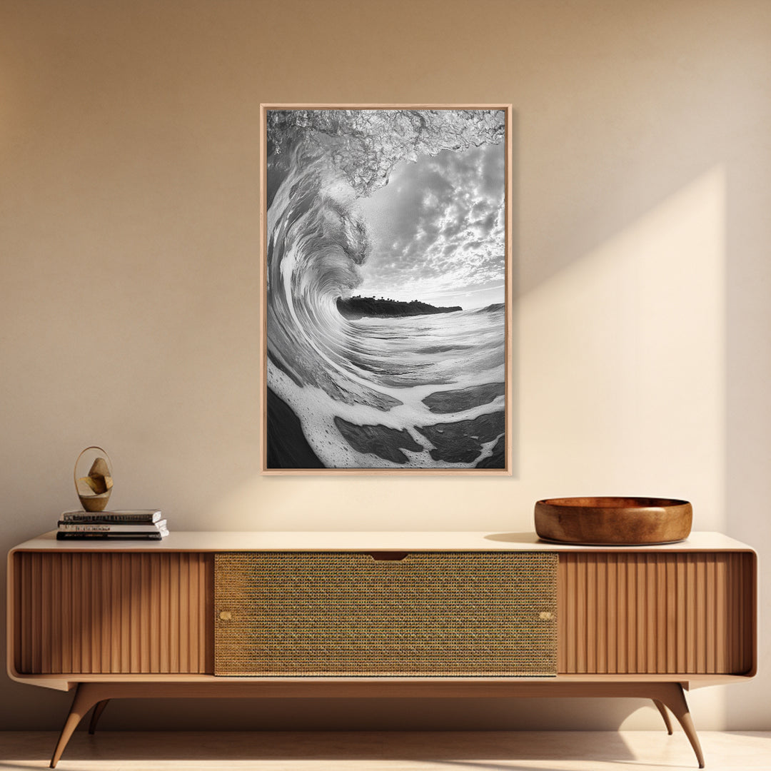 Ocean Wave Tunnel, Surfer's Eye View, Coastal Landscape, Bathroom Wall Art, Adventure Vibes, Framed Canvas Print, Black White Photography