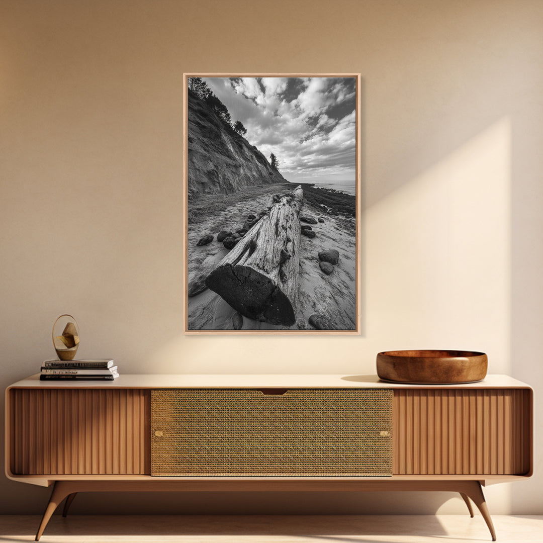 Driftwood Coastal Trail, Cliffside Path Nature Art, Rustic Cabin Style, Black White Photography, Framed Canvas Print, Hallway Wall Decor